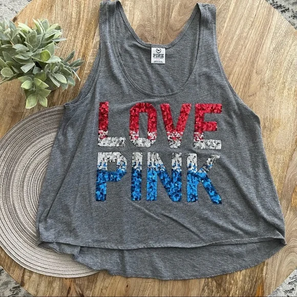PINK red white and blue sequin tank top - Picture 1 of 7
